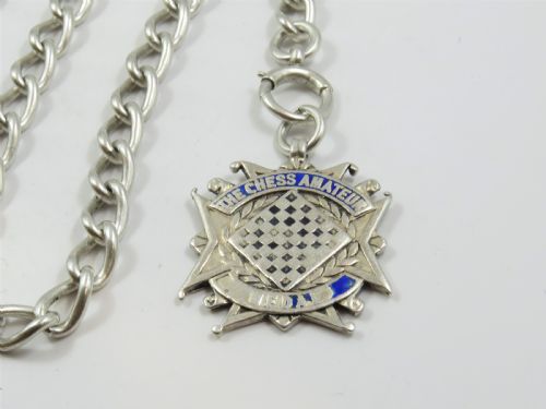 fig 1. Antique silver watch chain and chess fob