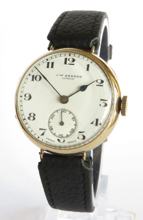 Gents Antique 9ct Gold Wrist Watch, J W Benson