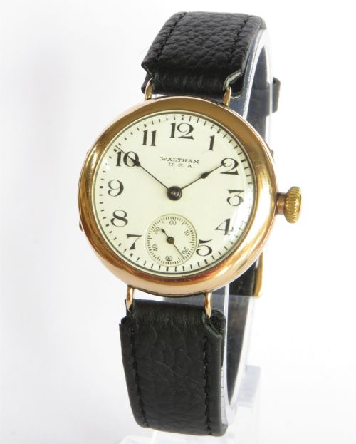 Gents Antique 9ct Gold Waltham Trench Watch, 1918