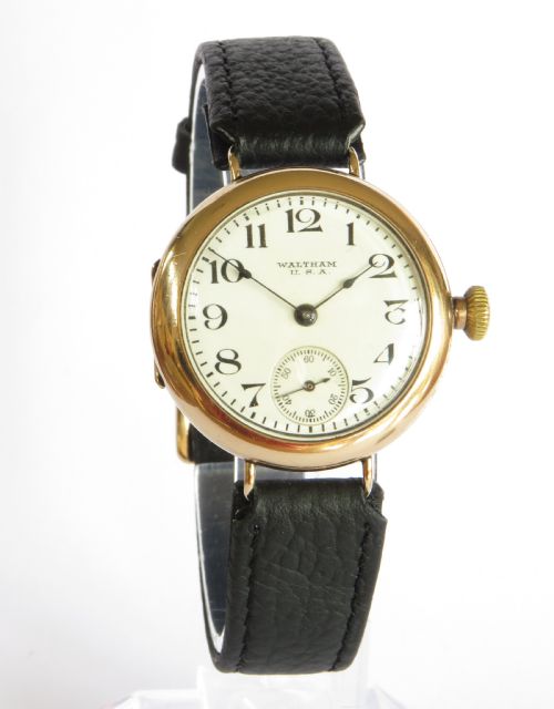 fig 1. Gents antique 9ct gold Waltham trench watch, 1918