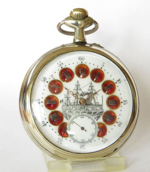 fig 1. Antique goliath pocket watch with French naval sailing ship