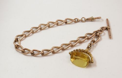 1930s 18ct Rolled Rose Gold Watch Chain and Fob