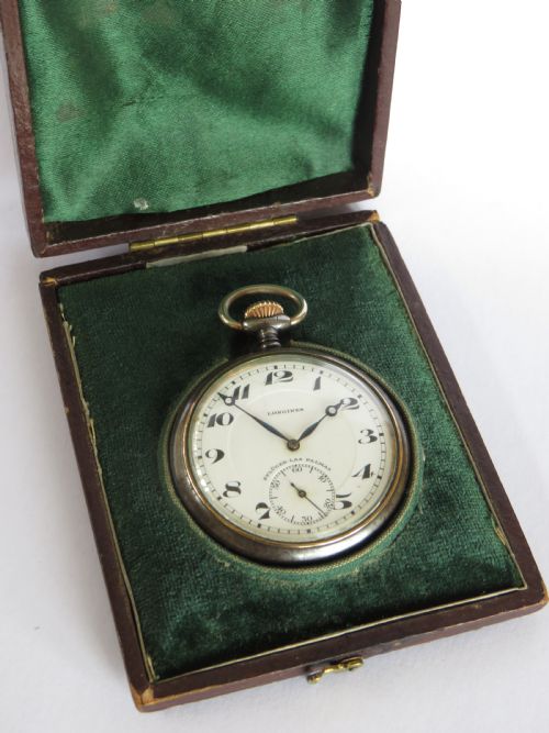 fig 1. Small Longines gun metal pocket watch, 1925