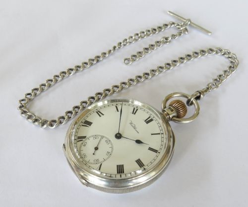 fig 1. Antique silver Waltham pocket watch and chain