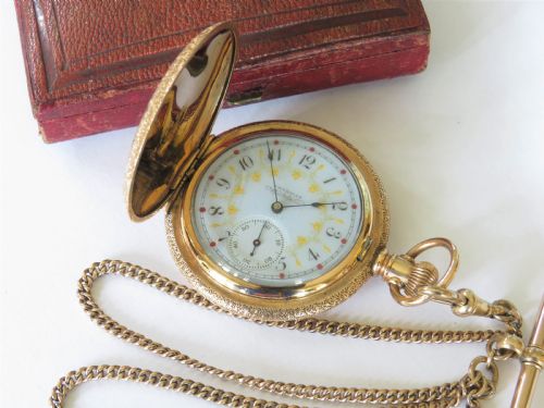fig 1. Small antique Waltham full hunter pocket watch and chain