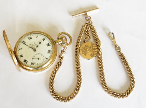 fig 1. Record Dreadnought half hunter pocket watch and chain