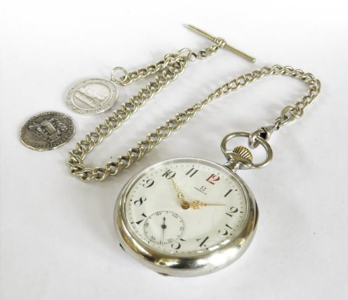 fig 1. Antique Omega pocket watch & chain, railways