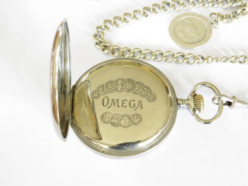 fig 2. Antique Omega pocket watch & chain, railways