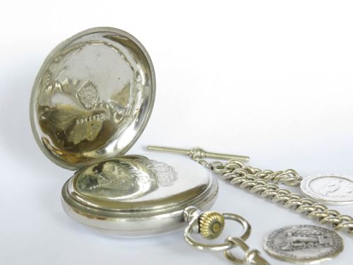 fig 3. Antique Omega pocket watch & chain, railways
