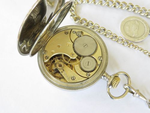 fig 4. Antique Omega pocket watch & chain, railways