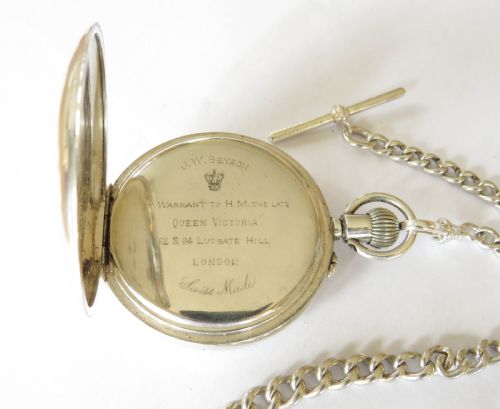 fig 2. Antique silver Longines pocket watch for J W Benson, with chain