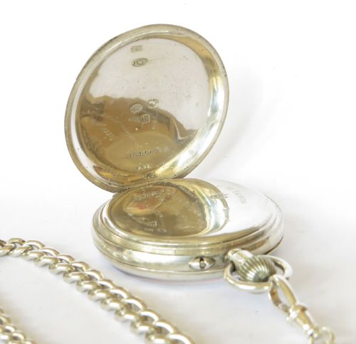 fig 3. Antique silver Longines pocket watch for J W Benson, with chain