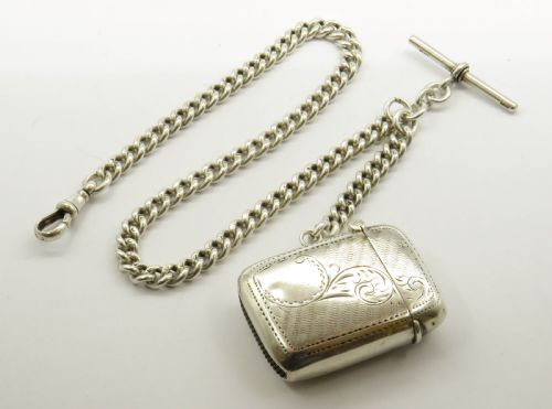 Antique Silver Single Watch Chain and Vesta