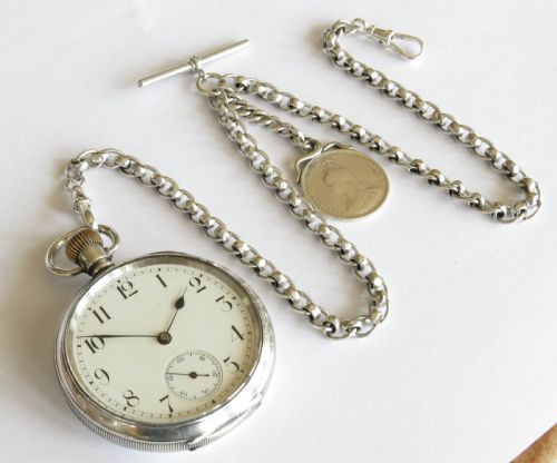 fig 1. Antique silver Waltham pocket watch and chain