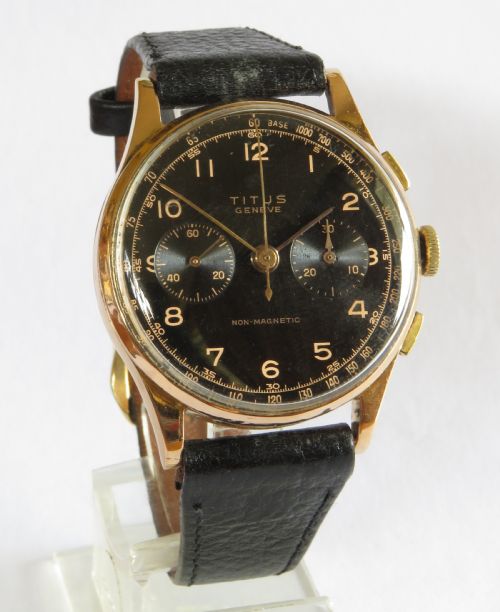 fig 1. Gents 1940s Titus 18ct rose gold chronograph watch