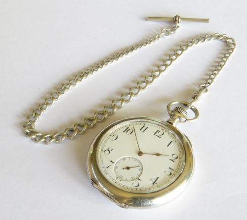fig 1. Antique silver Waltham pocket watch and chain