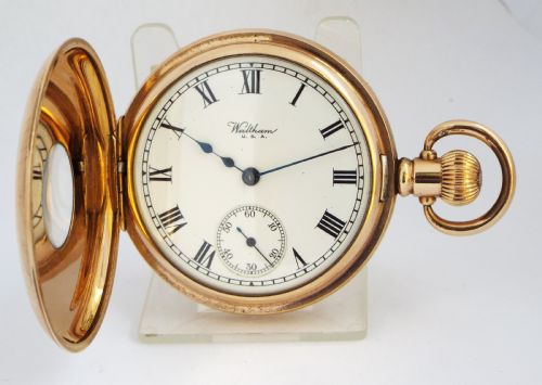 fig 1. Antique Waltham Traveler half hunter pocket watch.