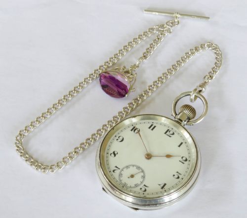 fig 1. Antique Swiss silver pocket watch and chain