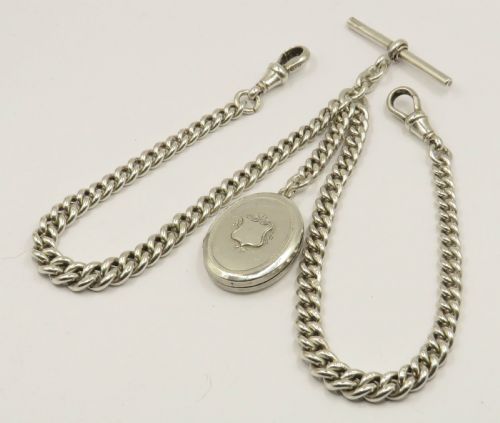 Antique Silver Double Watch Chain and Locket Fob