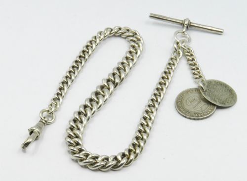 1917 Silver Watch Chain by Edwin Page, with Fobs