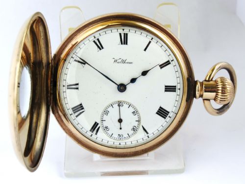fig 1. Antique Waltham Traveler half hunter pocket watch.