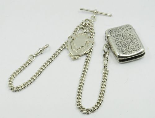 Antique Silver Double Watch Chain, Fob& Vesta.