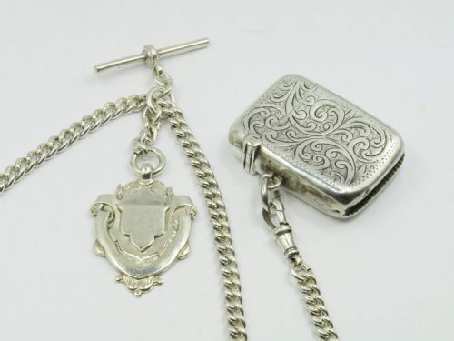 fig 1. Antique silver double watch chain, fob& vesta.