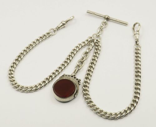 Antique Silver Double Watch Chain and Swivel Fob