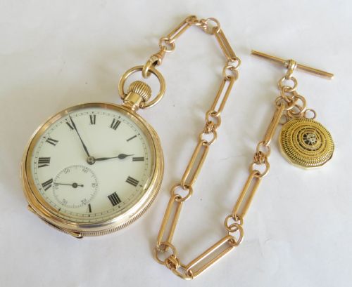 fig 1. Antique Swiss pocket watch, chain and unusual fob