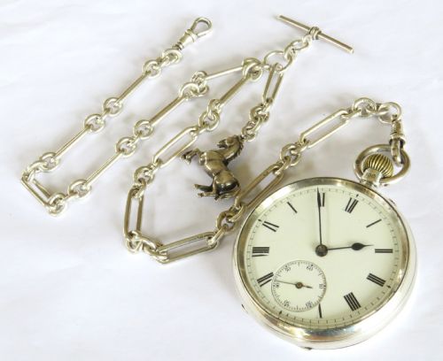 fig 1. Antique silver English pocket watch, chain and horse fob