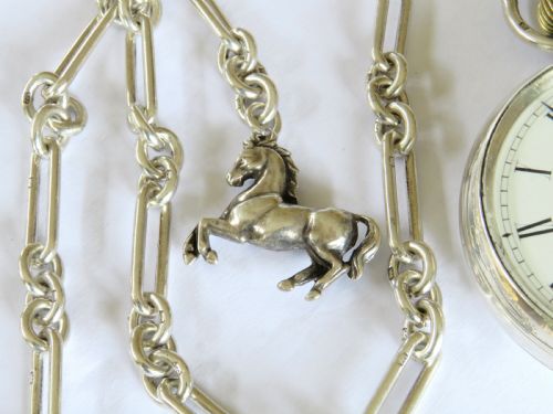 fig 2. Antique silver English pocket watch, chain and horse fob