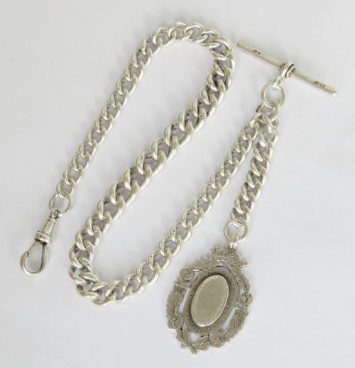 Antique English Silver Watch Chain and Fob
