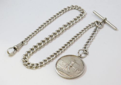 1930s Silver Watch Chain with Golf Fob