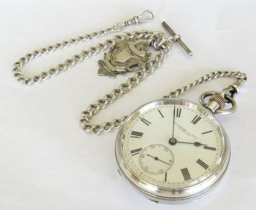 fig 1. Antique silver Rotherhams pocket watch and chain