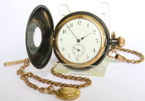 fig 1. Antique Alpine gun metal and gold half hunter pocket watch and chain