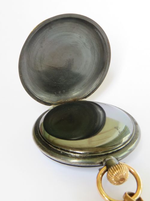fig 2. Antique Alpine gun metal and gold half hunter pocket watch and chain