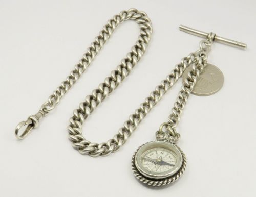 Antique Silver Watch Chain with Royal Coat of Arms Compass