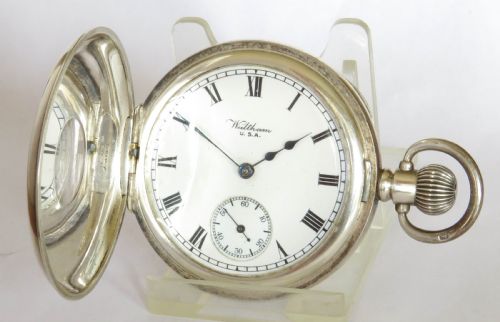 fig 1. Antique silver Waltham Marquis half hunter pocket watch.