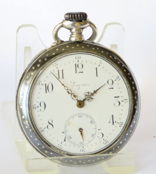 fig 1. Antique Longines silver niello pocket watch
