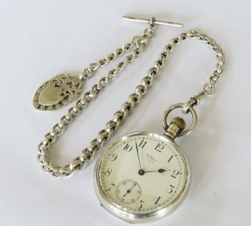 fig 1. Antique silver Waltham pocket watch and chain
