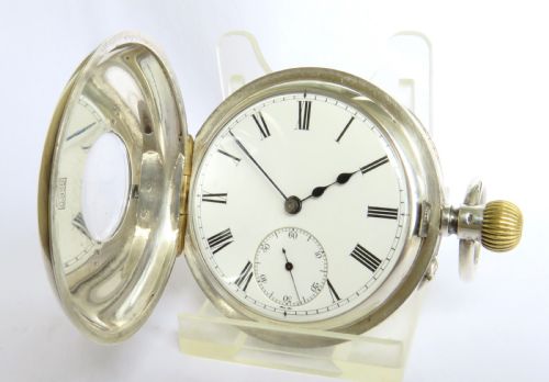 fig 2. Antique silver half hunter pocket watch, military link