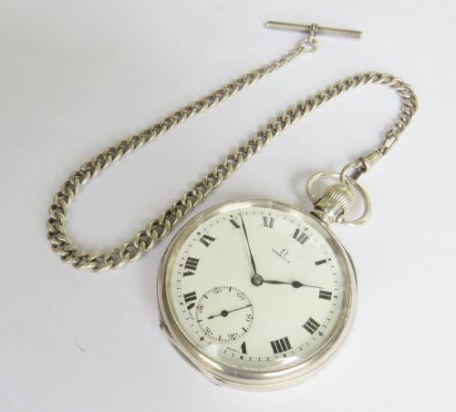 fig 1. 1920s silver Omega pocket watch and chain