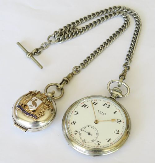 fig 1. Antique Cyma pocket watch, chain and Liverpool sovereign holder
