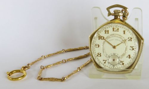 1930s Gruen Pentagon Verithin Pocket Watch and Chain