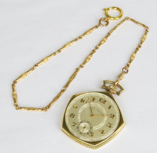 fig 1. 1930s Gruen Pentagon Verithin pocket watch and chain