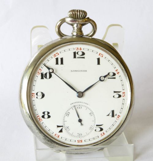 fig 1. Antique silver Longines pocket watch, Saurer logo