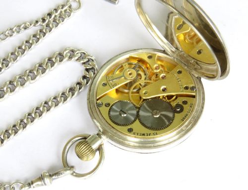 fig 3. Antique J W Benson silver pocket watch and chain