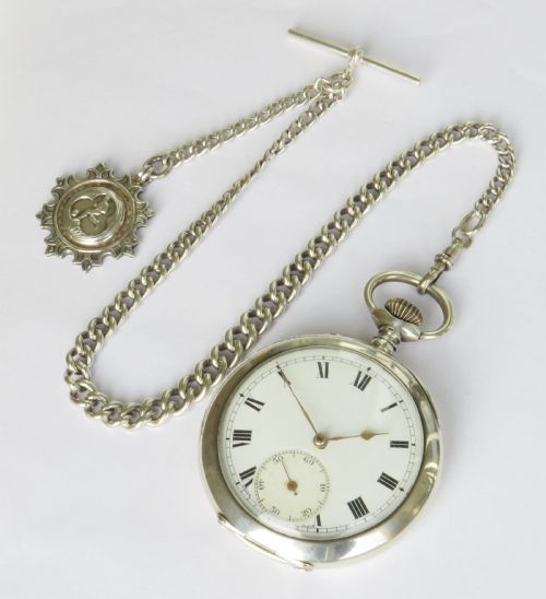 fig 1. Antique silver Columbus pocket watch and chain