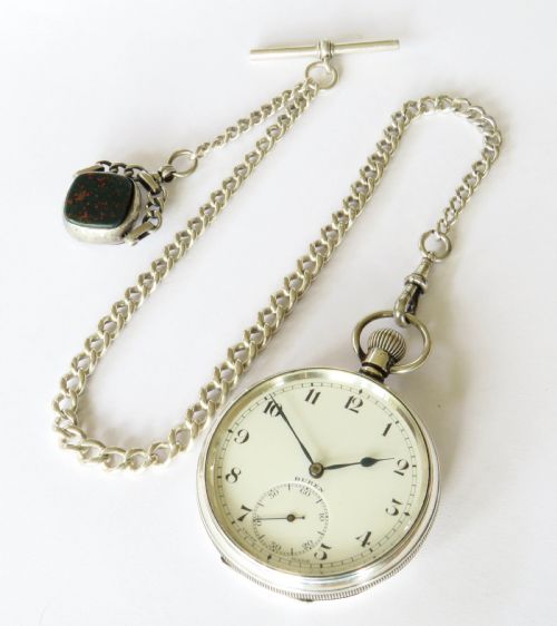 fig 1. Antique silver Buren pocket watch and chain