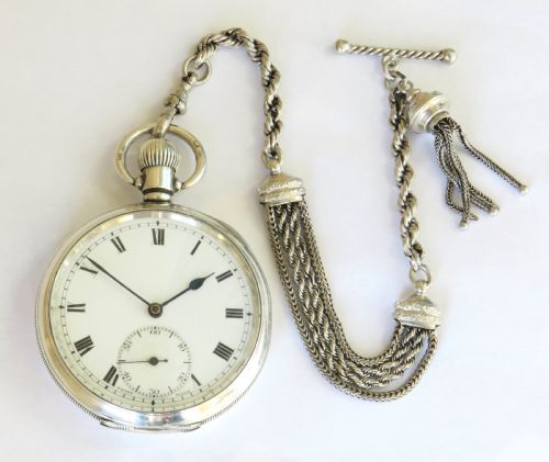 Antique Silver Buren Grand Prix Pocket Watch & Chain